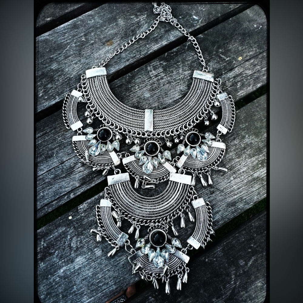 Silver and Black Onyx Indian Tribal Bib Statement Necklace
